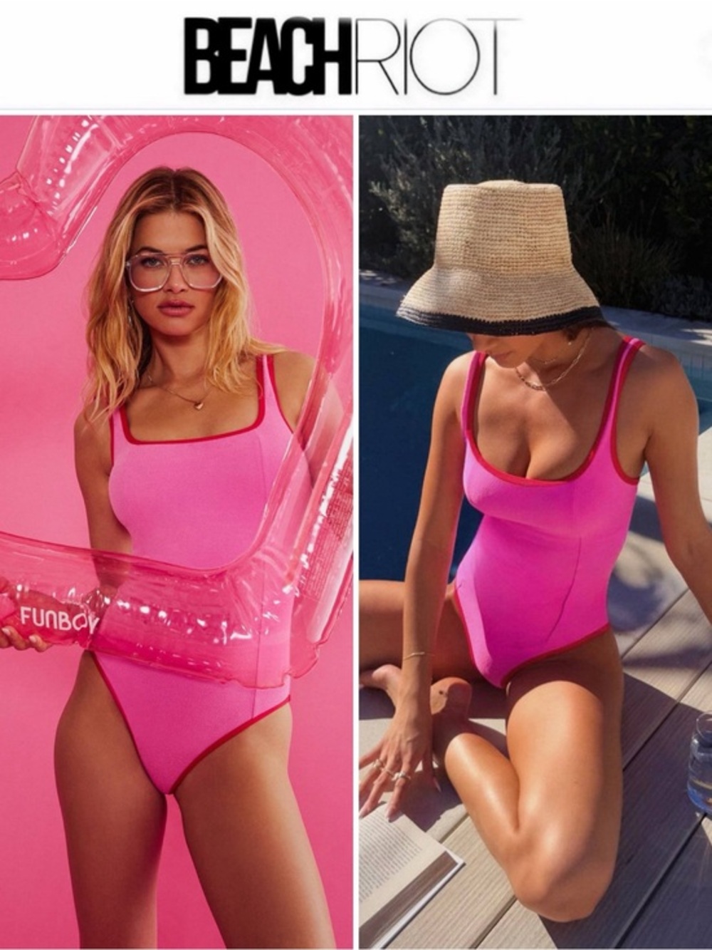 Beach Riot Caia One Piece Electric Pink Hot Swimsuit Red Trim Sz S NWT $178